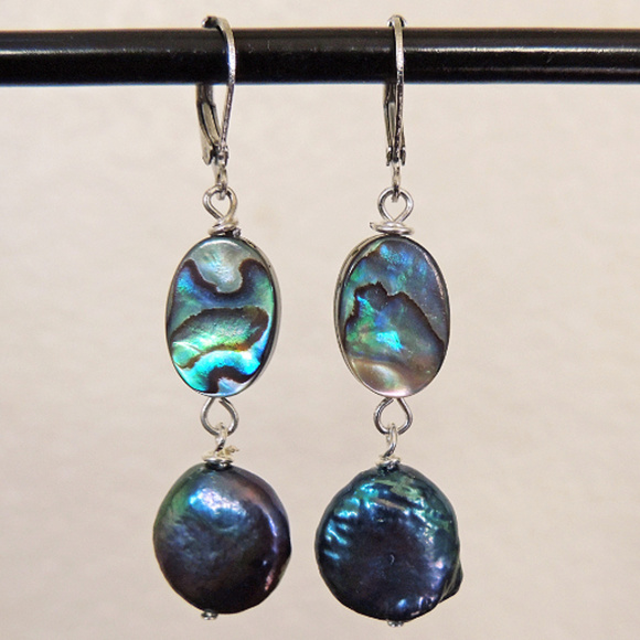 Handmade Jewelry - Sterling Silver Abalone & Blue Gray Pearl Earrings